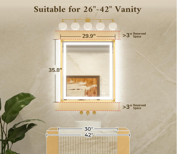 30x36 LED Bathroom Vanity Mirror – Brushed Gunmetal Frame, Front & Backlit, Anti-Fog, Dimmable