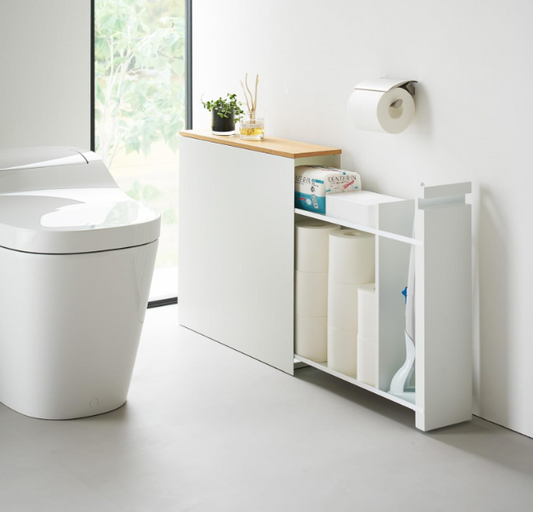 Slim Pull-Out Bathroom Storage Cabinet – Space Saving Toilet Paper & Cleaning Supplies Organizer with Wood Top, Modern Narrow Bathroom Cabinet