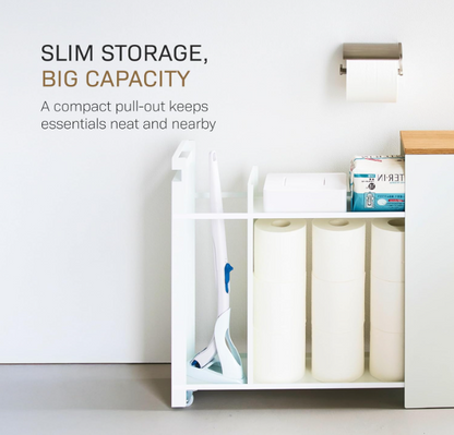 Slim Pull-Out Bathroom Storage Cabinet – Space Saving Toilet Paper & Cleaning Supplies Organizer with Wood Top, Modern Narrow Bathroom Cabinet