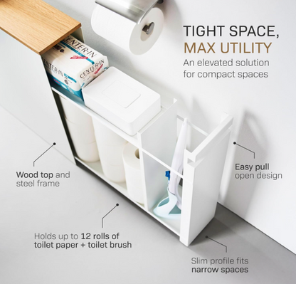 Slim Pull-Out Bathroom Storage Cabinet – Space Saving Toilet Paper & Cleaning Supplies Organizer with Wood Top, Modern Narrow Bathroom Cabinet