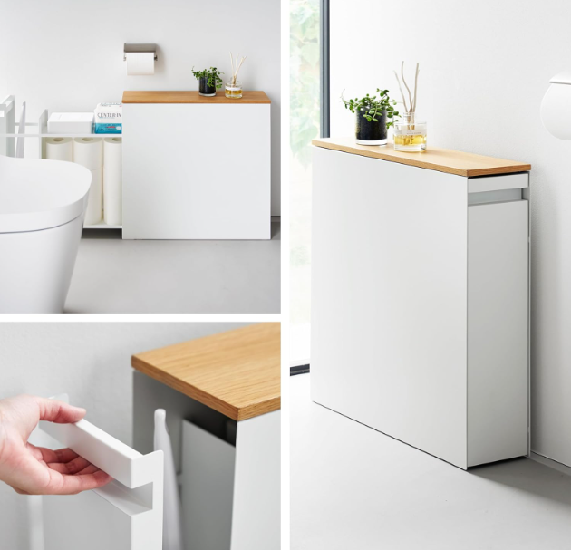 Slim Pull-Out Bathroom Storage Cabinet – Space Saving Toilet Paper & Cleaning Supplies Organizer with Wood Top, Modern Narrow Bathroom Cabinet