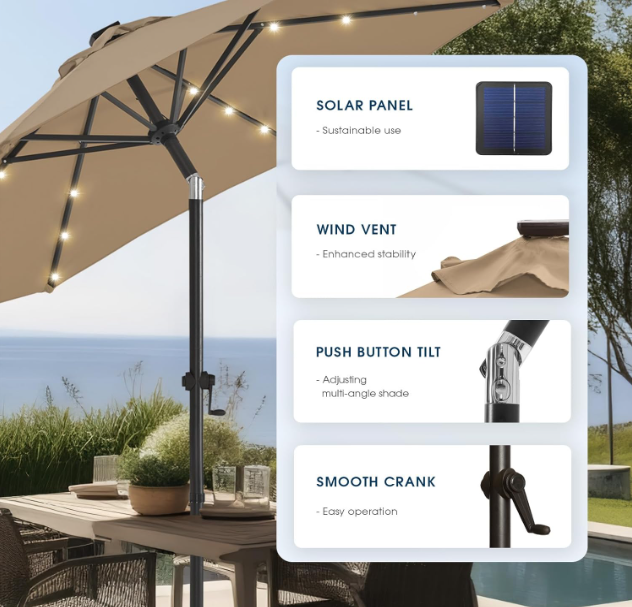 Solar Patio Umbrella 11FT with 32 LED Lights – Outdoor Market Umbrella for Deck, Pool & Garden