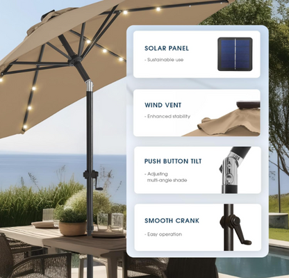 Solar Patio Umbrella 11FT with 32 LED Lights – Outdoor Market Umbrella for Deck, Pool & Garden