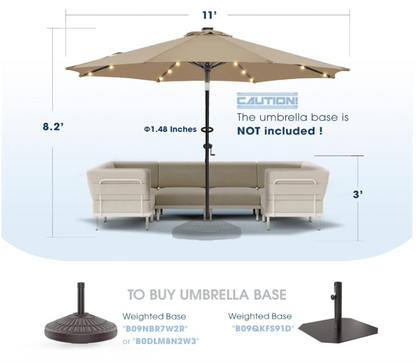 Solar Patio Umbrella 11FT with 32 LED Lights – Outdoor Market Umbrella for Deck, Pool & Garden