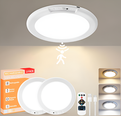 2-Pack Rechargeable Ceiling Lights – Motion Sensor, Remote Control, 3 Color Modes & Dimmable Wireless LED for Closet, Garage & Stairs