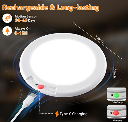 2-Pack Rechargeable Ceiling Lights – Motion Sensor, Remote Control, 3 Color Modes & Dimmable Wireless LED for Closet, Garage & Stairs