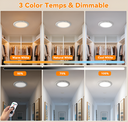2-Pack Rechargeable Ceiling Lights – Motion Sensor, Remote Control, 3 Color Modes & Dimmable Wireless LED for Closet, Garage & Stairs
