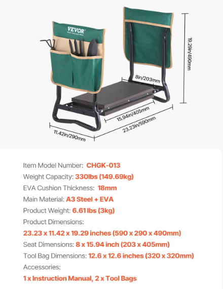 Garden Kneeler & Seat – Foldable Bench with 330lbs Capacity, Wide EVA Pad & Tool Bag