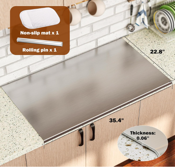 Large Stainless Steel Cutting Board with Lip – 35.4” x 22.8” Non-Stick Baking & Kneading Surface