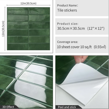 Peel & Stick Subway Backsplash – Green Self-Adhesive Wall Tile 12"x12" (10 Sheets)