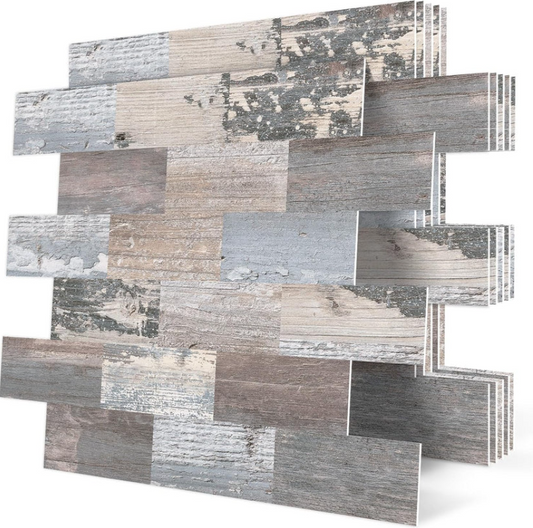 Rustic Wood Peel and Stick Backsplash Tiles – Farmhouse Faux Wood Self Adhesive Wall Panels for Kitchen (10 Sheets 13.5"x11.4")