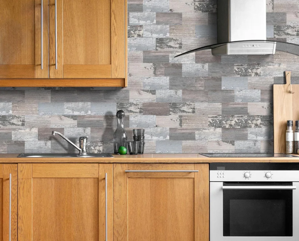 Rustic Wood Peel and Stick Backsplash Tiles – Farmhouse Faux Wood Self Adhesive Wall Panels for Kitchen (10 Sheets 13.5"x11.4")