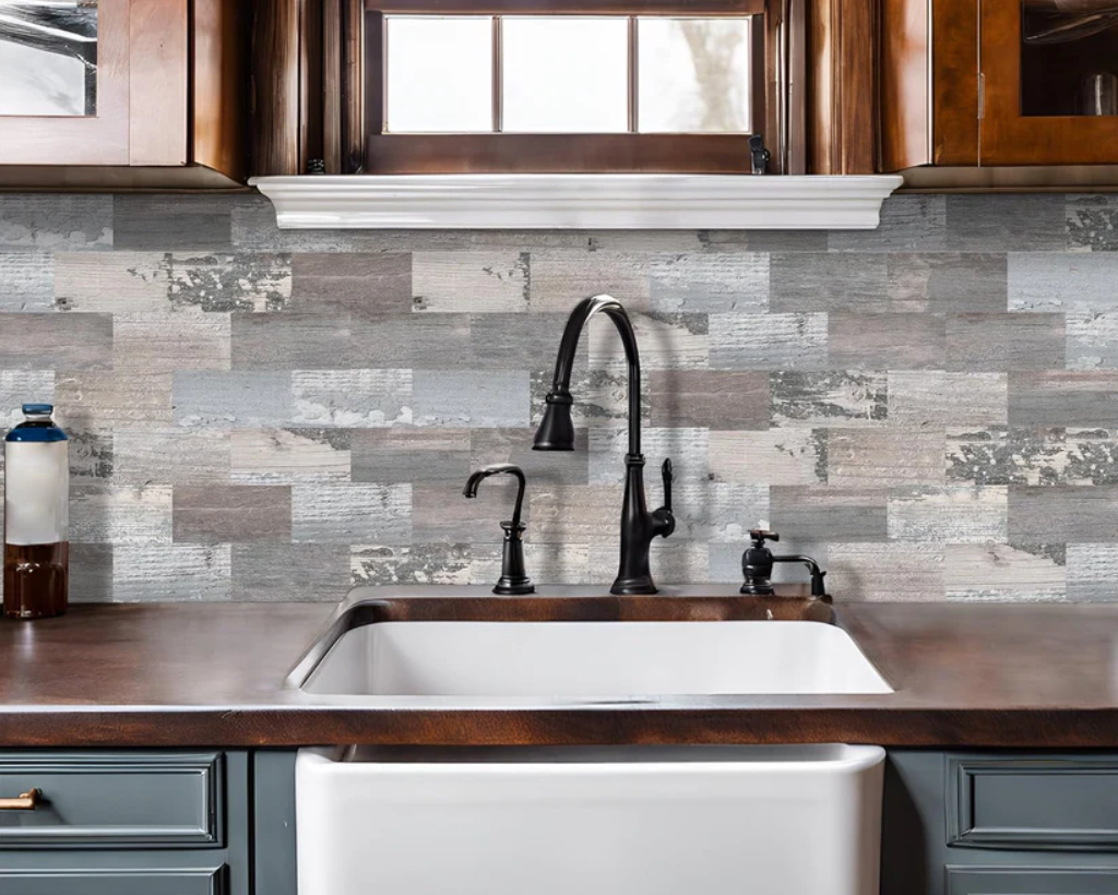 Rustic Wood Peel and Stick Backsplash Tiles – Farmhouse Faux Wood Self Adhesive Wall Panels for Kitchen (10 Sheets 13.5"x11.4")