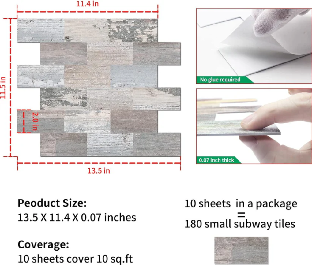 Rustic Wood Peel and Stick Backsplash Tiles – Farmhouse Faux Wood Self Adhesive Wall Panels for Kitchen (10 Sheets 13.5"x11.4")