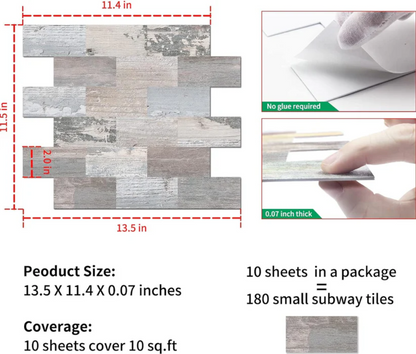 Rustic Wood Peel and Stick Backsplash Tiles – Farmhouse Faux Wood Self Adhesive Wall Panels for Kitchen (10 Sheets 13.5"x11.4")
