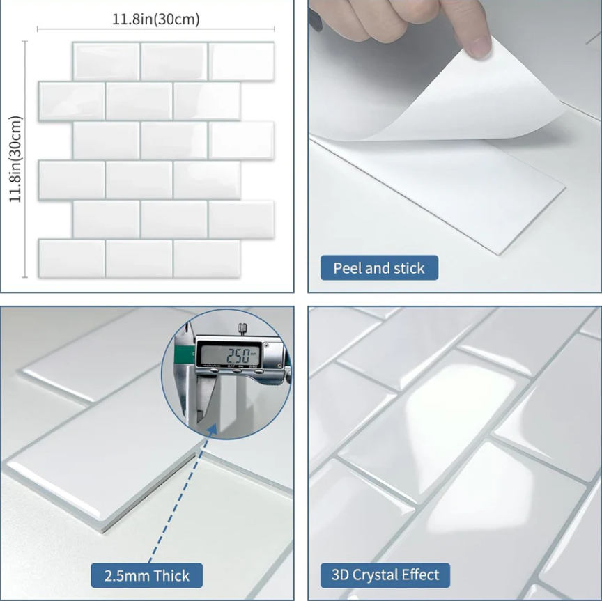 White Peel and Stick Backsplash Tiles – Thick Subway Self Adhesive Wall Panels for Kitchen & Bathroom (10 Sheets 12"x12")