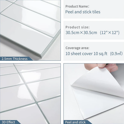 White Peel and Stick Backsplash Tiles – Rectangle Subway Self-Adhesive Wall Panels for Kitchen (10 Sheets 12"x12")