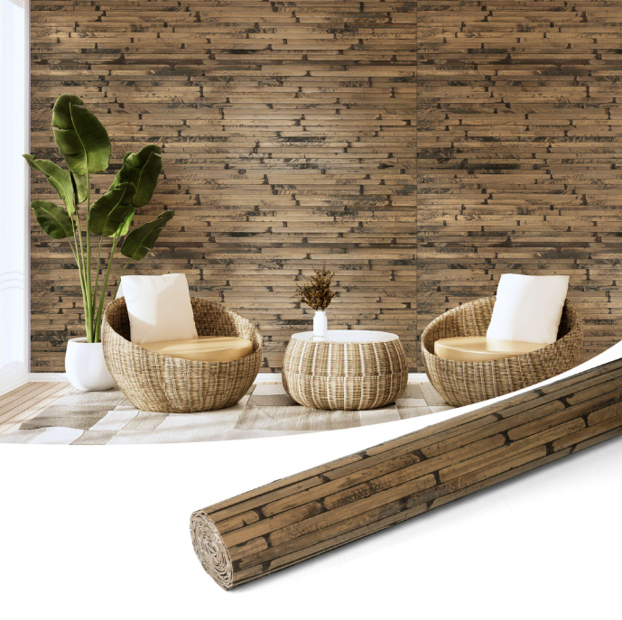 48"x96" Natural Bamboo Wall Panel – Flexible Pole Wrap Wainscoting for Interior Walls, Living Room, Bedroom, Office & Kitchen, Dark Burned Finish