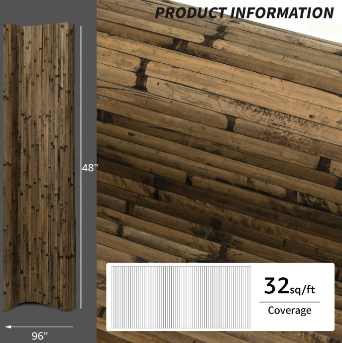 48"x96" Natural Bamboo Wall Panel – Flexible Pole Wrap Wainscoting for Interior Walls, Living Room, Bedroom, Office & Kitchen, Dark Burned Finish