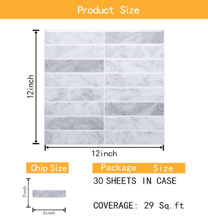 Grey Peel and Stick Backsplash Tiles – 15-sheet 12"x12" Subway Stack Bond Pattern for Kitchen Walls