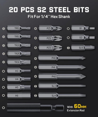 Cordless Electric Screwdriver Set – 7 Torque Settings, 20 Magnetic Bits, 1/4” Hex & 90° Adapter for Home Repairs