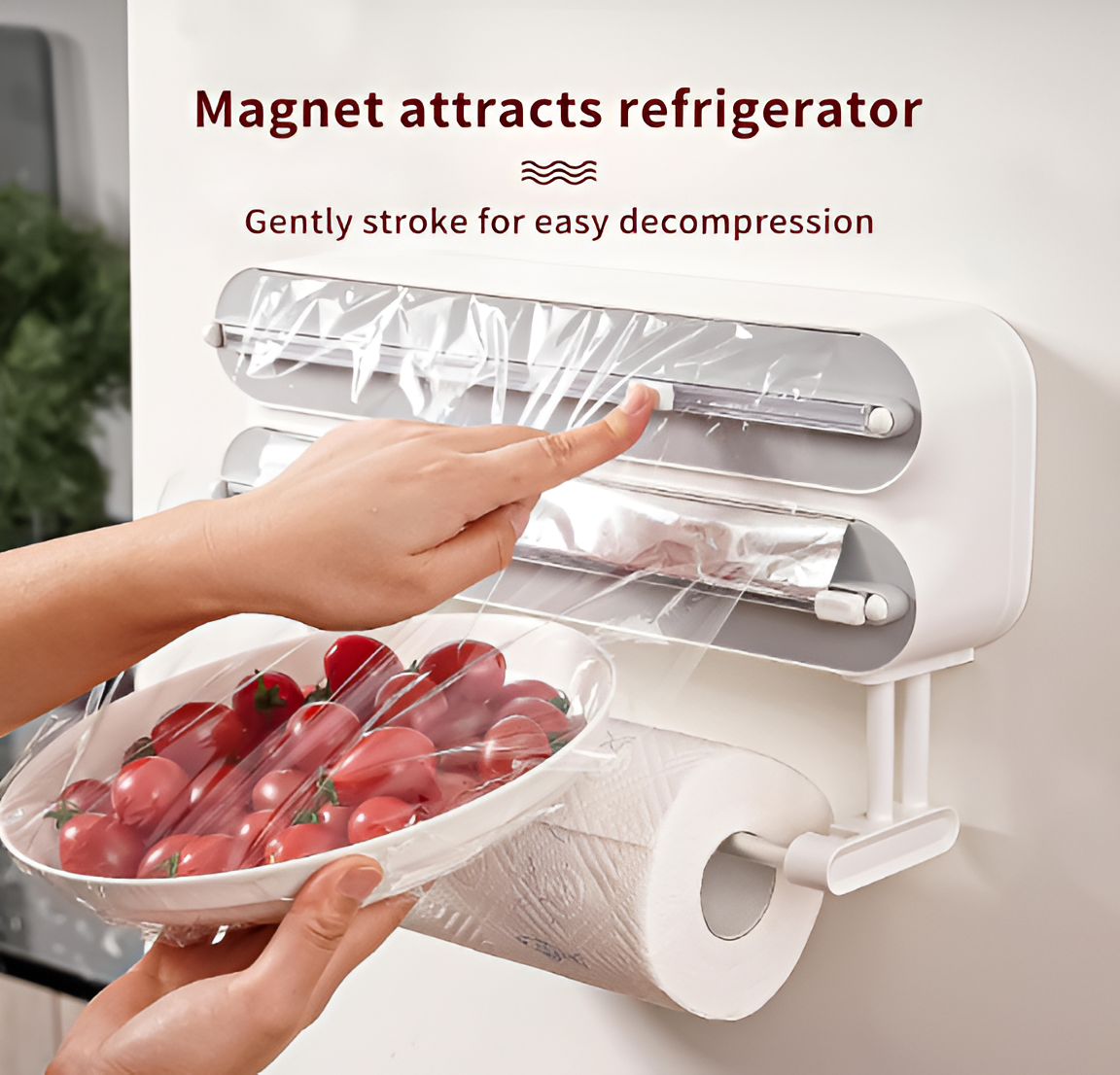 3-in-1 Foil & Plastic Wrap Dispenser with Cutter – Magnetic Paper Towel Holder for Fridge, Aluminum Organizer with Cling Film