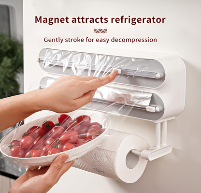 3-in-1 Foil & Plastic Wrap Dispenser with Cutter – Magnetic Paper Towel Holder for Fridge, Aluminum Organizer with Cling Film