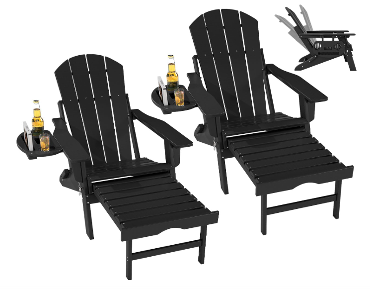 Folding Adjustable Adirondack Chair with Retractable Ottoman – Set of 2, HDPE Outdoor Patio Lawn Chairs with 4-in-1 Cup Holder, All-Weather Resistant