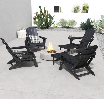 Folding Adjustable Adirondack Chair with Retractable Ottoman – Set of 2, HDPE Outdoor Patio Lawn Chairs with 4-in-1 Cup Holder, All-Weather Resistant