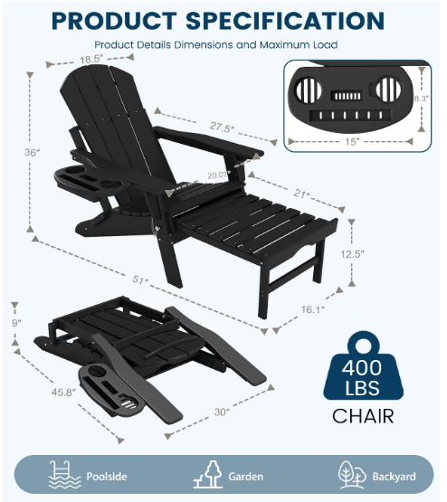 Folding Adjustable Adirondack Chair with Retractable Ottoman – Set of 2, HDPE Outdoor Patio Lawn Chairs with 4-in-1 Cup Holder, All-Weather Resistant