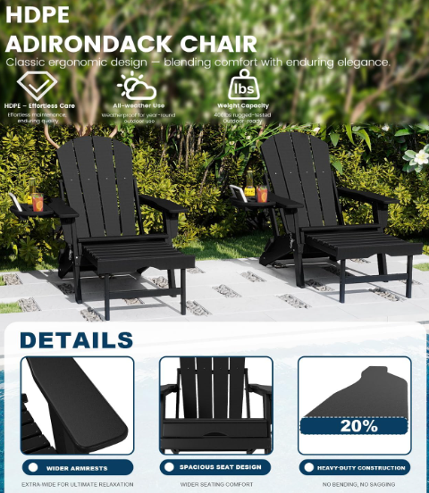 Folding Adjustable Adirondack Chair with Retractable Ottoman – Set of 2, HDPE Outdoor Patio Lawn Chairs with 4-in-1 Cup Holder, All-Weather Resistant