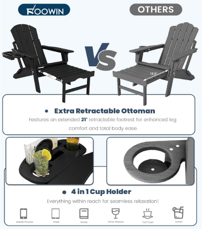 Folding Adjustable Adirondack Chair with Retractable Ottoman – Set of 2, HDPE Outdoor Patio Lawn Chairs with 4-in-1 Cup Holder, All-Weather Resistant