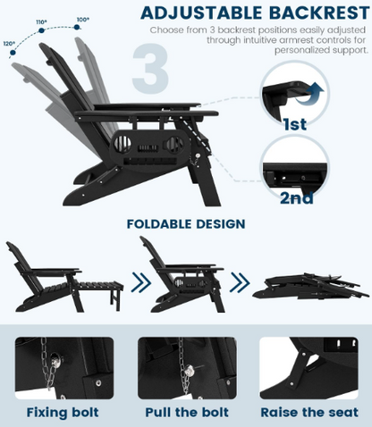 Folding Adjustable Adirondack Chair with Retractable Ottoman – Set of 2, HDPE Outdoor Patio Lawn Chairs with 4-in-1 Cup Holder, All-Weather Resistant