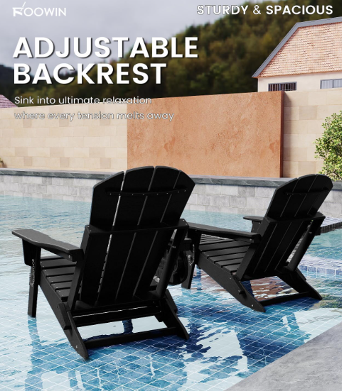 Folding Adjustable Adirondack Chair with Retractable Ottoman – Set of 2, HDPE Outdoor Patio Lawn Chairs with 4-in-1 Cup Holder, All-Weather Resistant