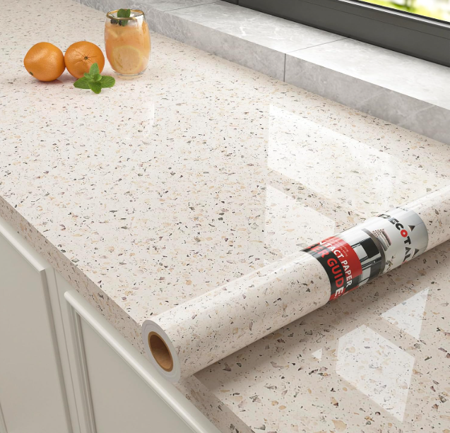 Beige Granite Contact Paper – Peel & Stick Countertop Vinyl Wrap, Terrazzo Self-Adhesive Cover (17.7” x 120”)