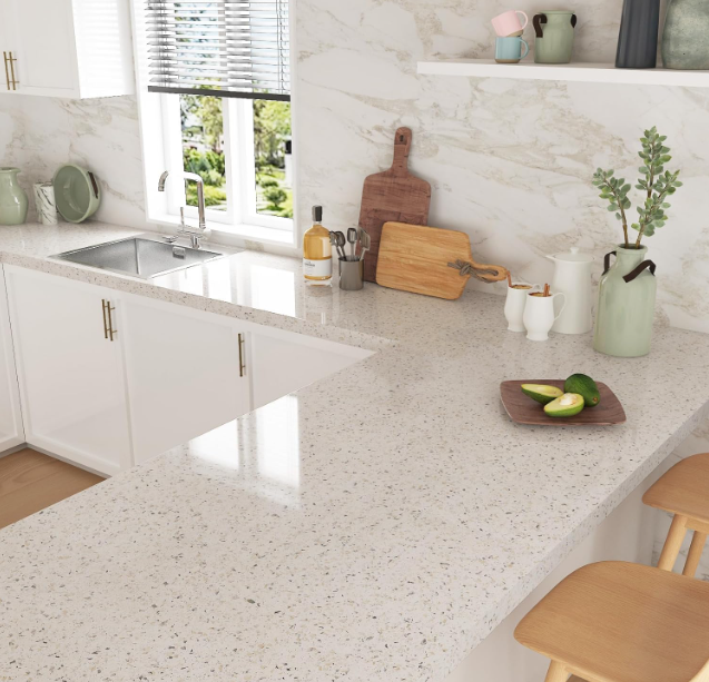 Beige Granite Contact Paper – Peel & Stick Countertop Vinyl Wrap, Terrazzo Self-Adhesive Cover (17.7” x 120”)