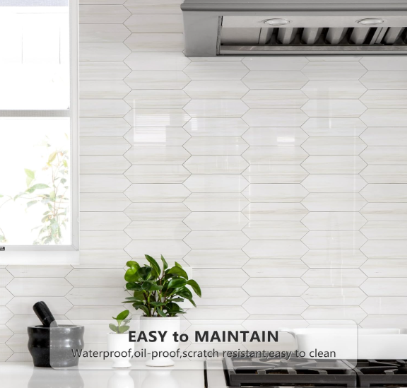 Glossy Dolomite White Peel & Stick Backsplash Tiles – 12.8” Hexagon PVC Mosaic, 10 Sheets for Kitchen & Bathroom