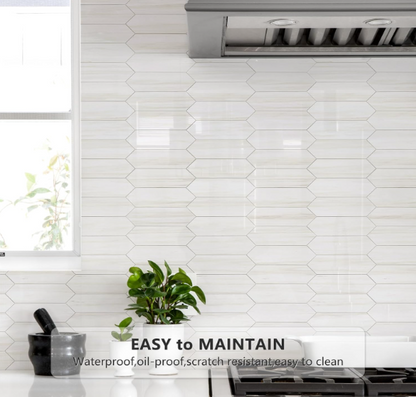 Glossy Dolomite White Peel & Stick Backsplash Tiles – 12.8” Hexagon PVC Mosaic, 10 Sheets for Kitchen & Bathroom