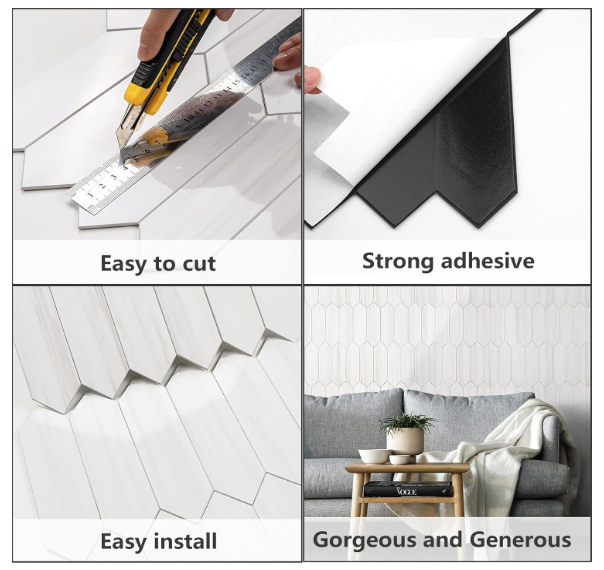 Glossy Dolomite White Peel & Stick Backsplash Tiles – 12.8” Hexagon PVC Mosaic, 10 Sheets for Kitchen & Bathroom