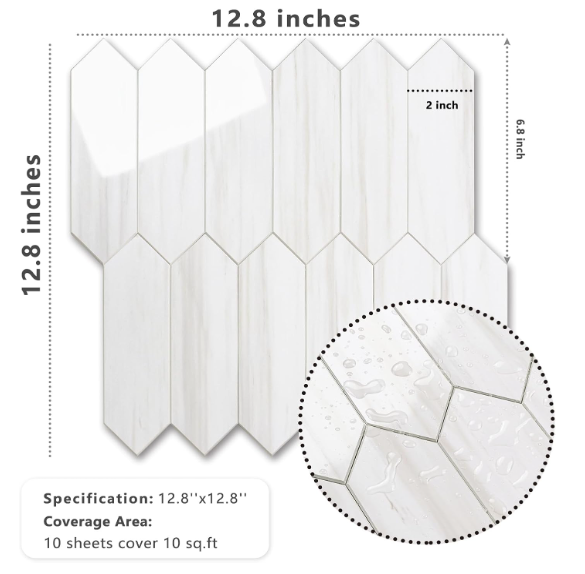Glossy Dolomite White Peel & Stick Backsplash Tiles – 12.8” Hexagon PVC Mosaic, 10 Sheets for Kitchen & Bathroom