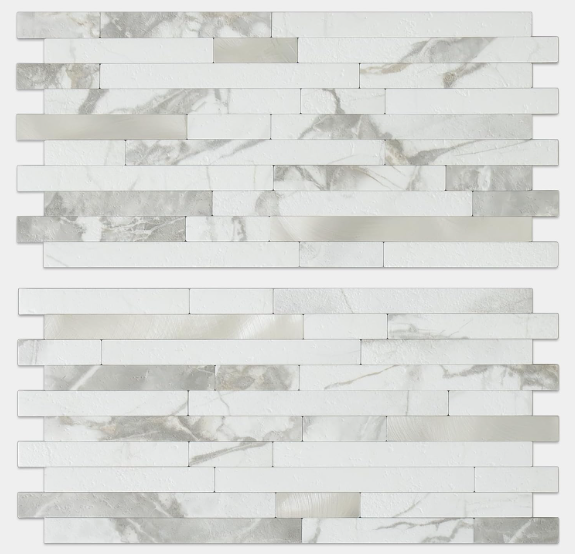 20-Sheet White Stone & Silver Mixed Metal Peel & Stick Backsplash – PVC Wall Tiles for Kitchen & Bathroom