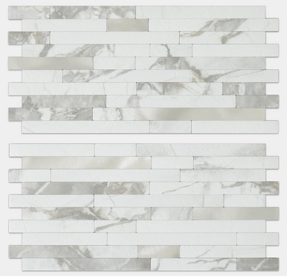 20-Sheet White Stone & Silver Mixed Metal Peel & Stick Backsplash – PVC Wall Tiles for Kitchen & Bathroom