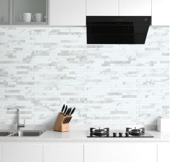 20-Sheet White Stone & Silver Mixed Metal Peel & Stick Backsplash – PVC Wall Tiles for Kitchen & Bathroom