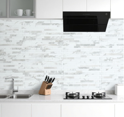 20-Sheet White Stone & Silver Mixed Metal Peel & Stick Backsplash – PVC Wall Tiles for Kitchen & Bathroom