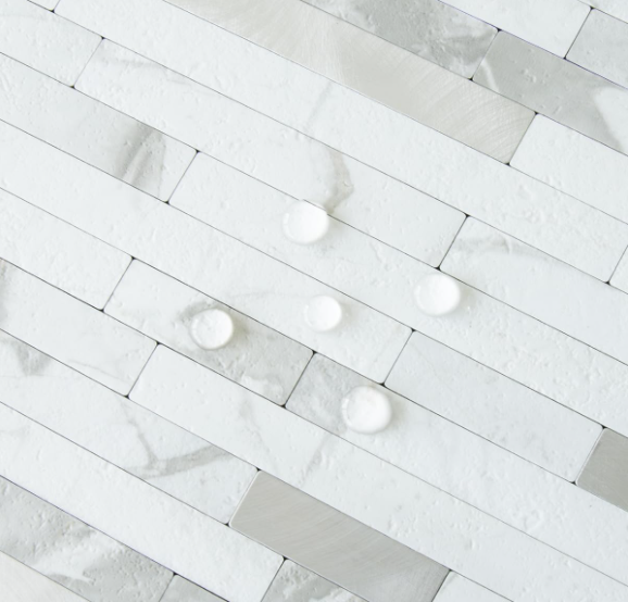 20-Sheet White Stone & Silver Mixed Metal Peel & Stick Backsplash – PVC Wall Tiles for Kitchen & Bathroom