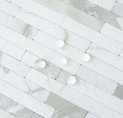 20-Sheet White Stone & Silver Mixed Metal Peel & Stick Backsplash – PVC Wall Tiles for Kitchen & Bathroom