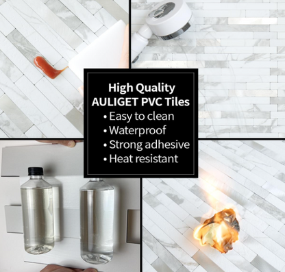 20-Sheet White Stone & Silver Mixed Metal Peel & Stick Backsplash – PVC Wall Tiles for Kitchen & Bathroom