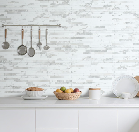 20-Sheet White Stone & Silver Mixed Metal Peel & Stick Backsplash – PVC Wall Tiles for Kitchen & Bathroom