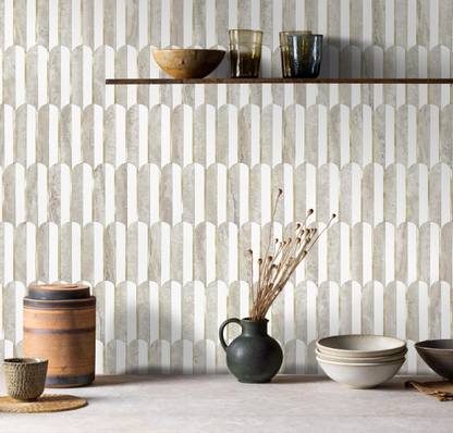 Peel & Stick Fish Scale Backsplash Tiles – White & Beige Slate with Light Gold PVC Mosaic, 10 Sheets for Kitchen & Bathroom