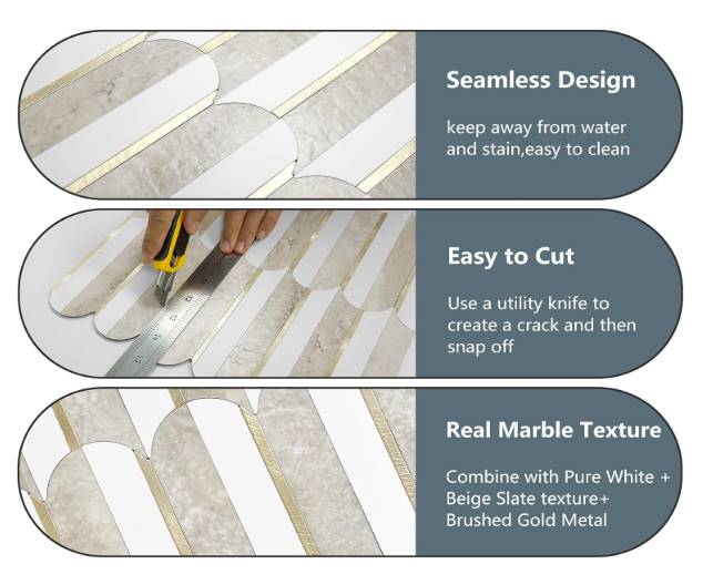 Peel & Stick Fish Scale Backsplash Tiles – White & Beige Slate with Light Gold PVC Mosaic, 10 Sheets for Kitchen & Bathroom